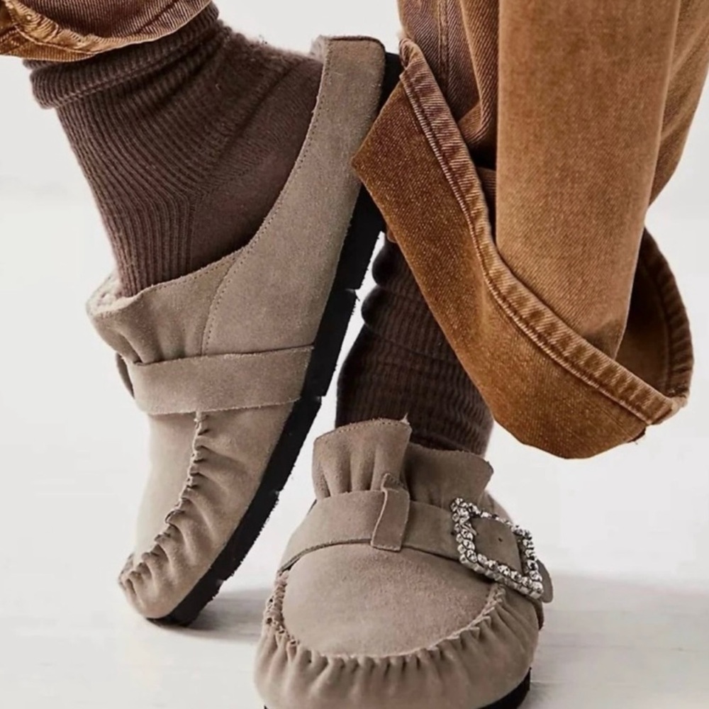 Free People Shearling After Riding Mules in shade Grey Suede